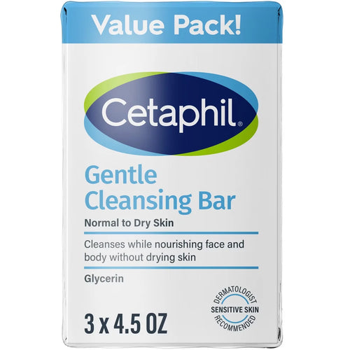 Cetaphil Gentle Cleansing Face and Body Bar Soap for Normal to Dry Skin - 3pk/4.5oz: Hypoallergenic, Dye-Free, Noncomedogenic