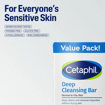 Cetaphil Deep Cleansing Face and Body Bar Soap for Normal to Oily Skin - 3pk/4.5oz: Moisturizing, Hypoallergenic, Unscented