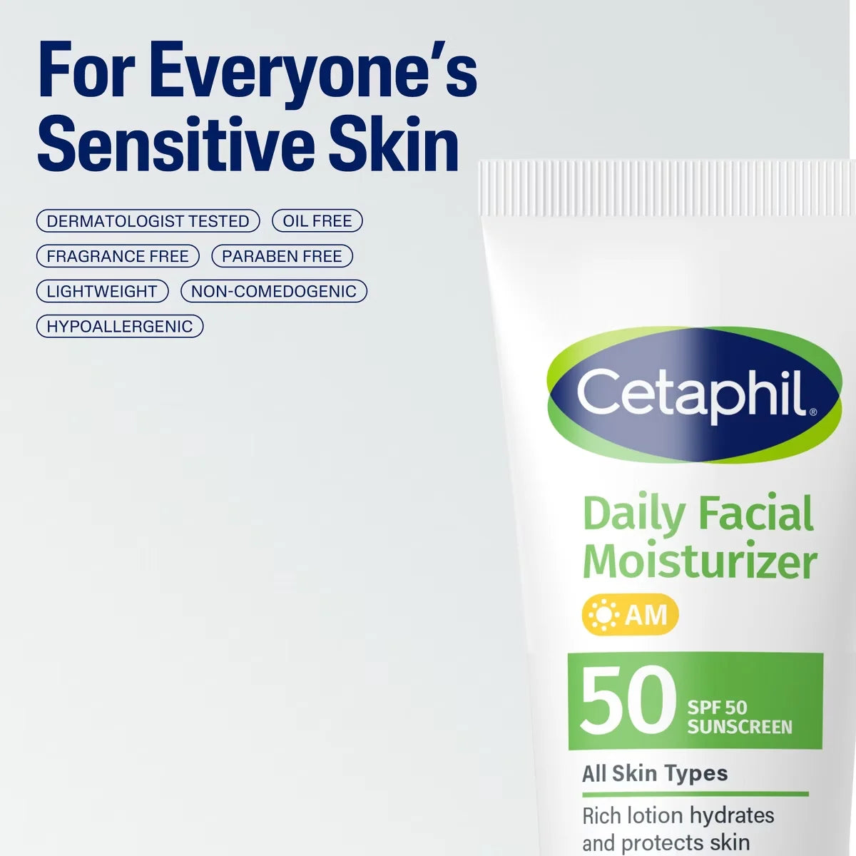 Cetaphil Daily Face Moisturizer Sunscreen Lotion - SPF 50 - 1.7 fl oz: Hypoallergenic, Noncomedogenic, Phthalate-Free, Recommended for Sensitive Skin
